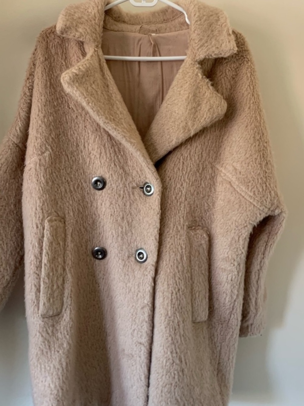 Free People Plush Taupe Teddy Double-Breasted Coat